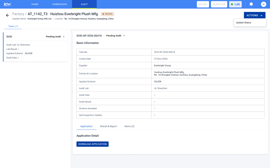 Lab task detail for a factory audit