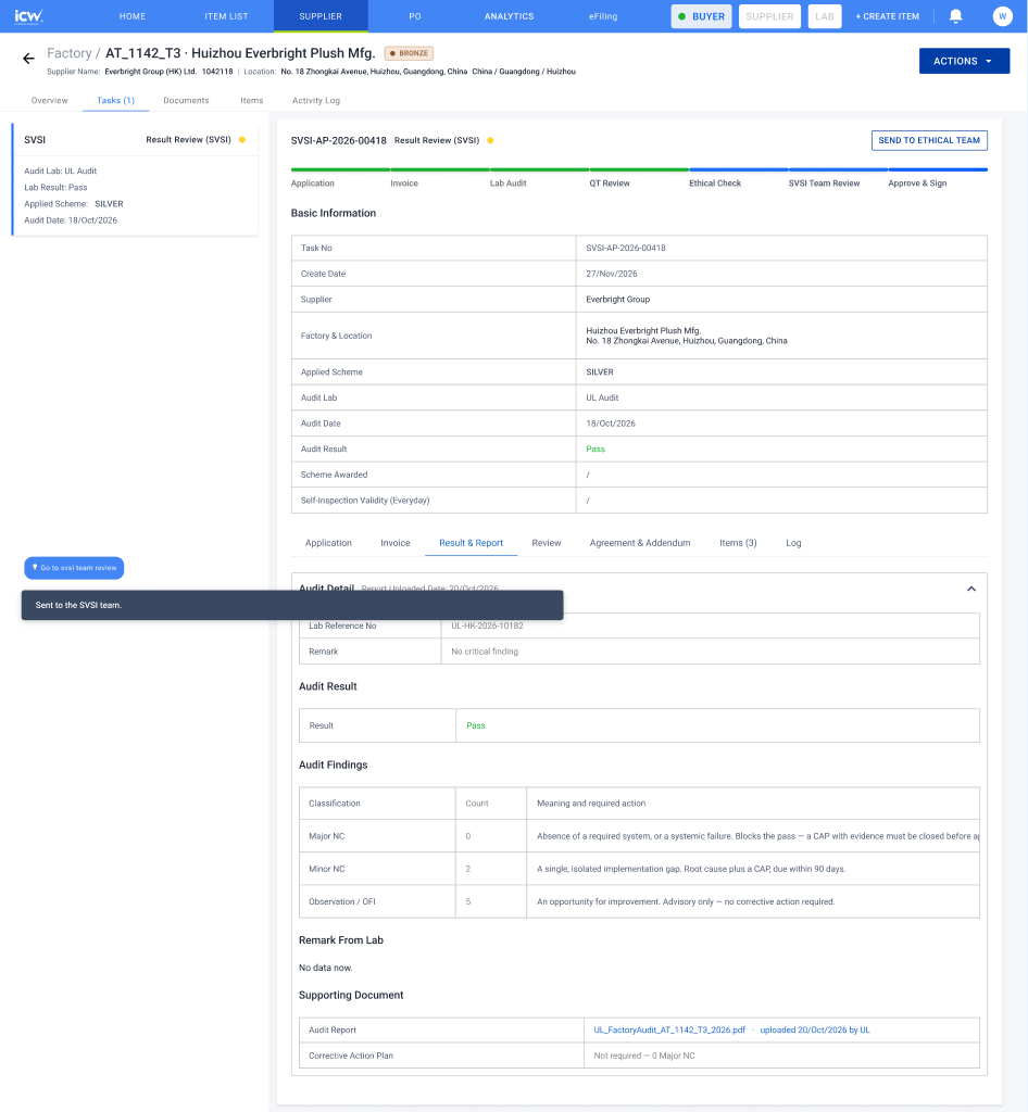 Task sent to SVSI with send-to-ethical button