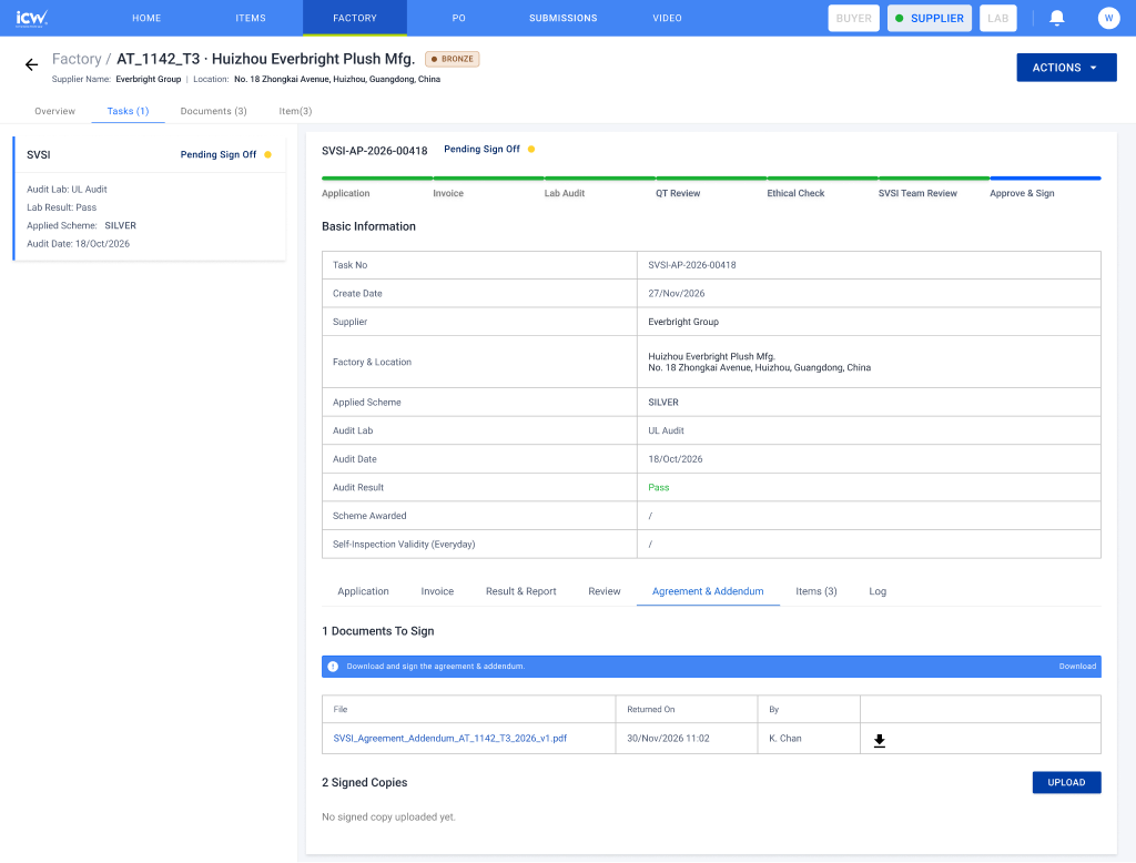 Supplier task page with documents to sign