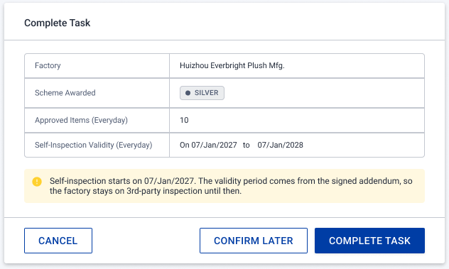Complete task dialog after upload