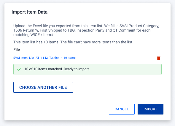 Import item data dialog, file ready